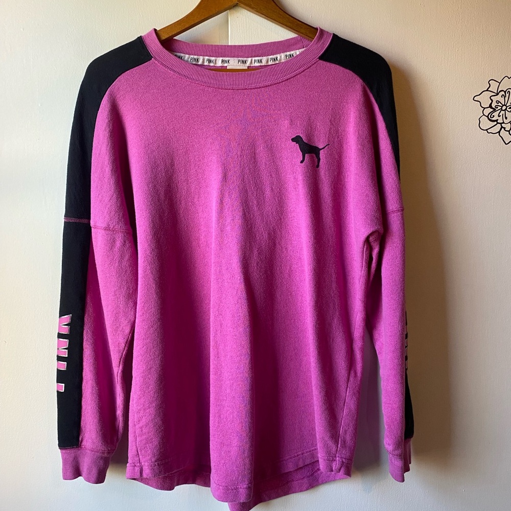 PINK Victorias Secret Pinkish Purple Small Sweater Crewneck Black Stripes Womens